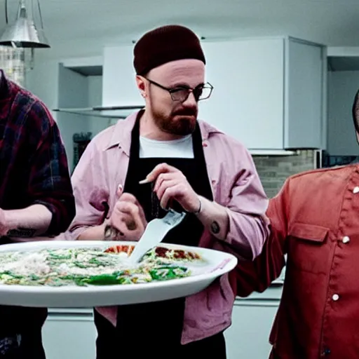 Prompt: jessie pinkman and walter white cooking borsch cinematic extremely detailed