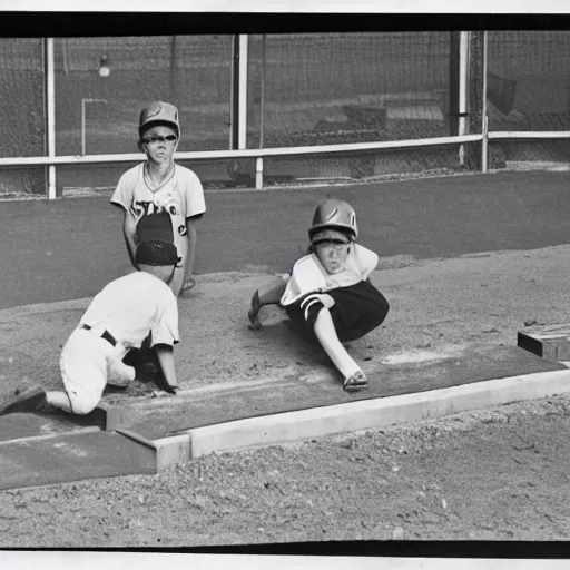 Image similar to 70mm photo of a youth baseball team trying to eat the bleachers, but the coaches are pulling them away