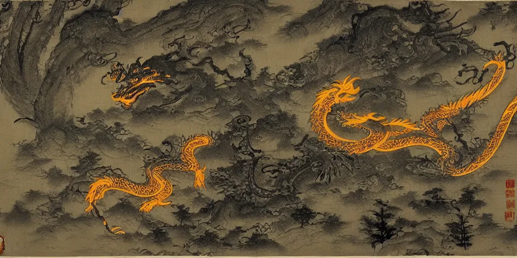 Image similar to mysterious glowing dragon at night, in the forest, chinese art