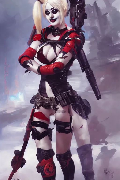 Image similar to portrait of anime Harley Quinn in bikini armor, dc comics, cyberpunk, Warhammer 40000, dark fantasy, digital art from artstation by Ruan Jia and Mandy Jurgens and Artgerm and william-adolphe bouguereau