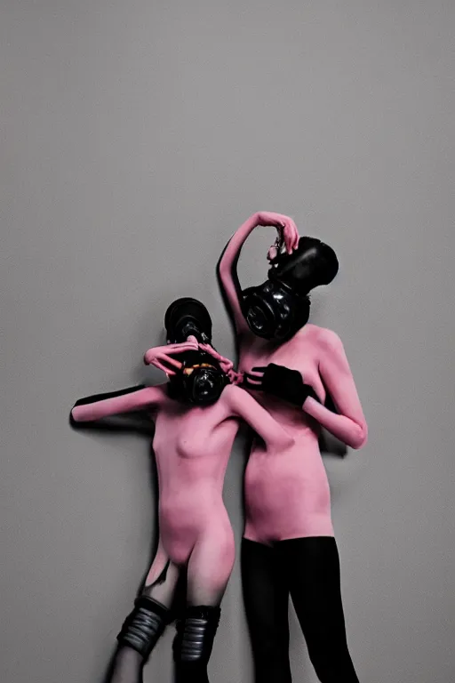 Image similar to a surreal portrait intertwined and contorted figures wearing gas mask next to a pink wall in the style of brooke didonato, editorial fashion photography from vogue magazine, full shot, nikon d 8 1 0, ƒ / 2. 5, focal length : 8 5. 0 mm, exposure time : 1 / 8 0 0, iso : 2 0 0