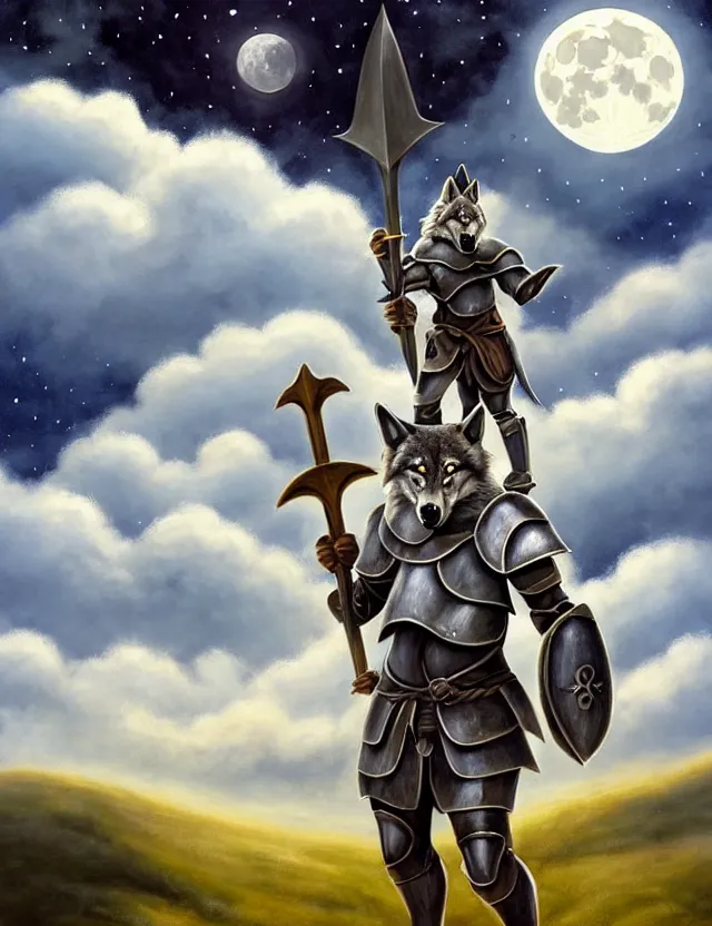 Prompt: a bipedal wolf that is wearing full iron plate armor, and holding a giant sword and wooden round shield, as a matte oil painting and d & d character art, by georgia o'keeffe, standing, fullbody, full moon, cumulus clouds, cosmic, sharp focus, award - winning, extremely detailed, 4 k,