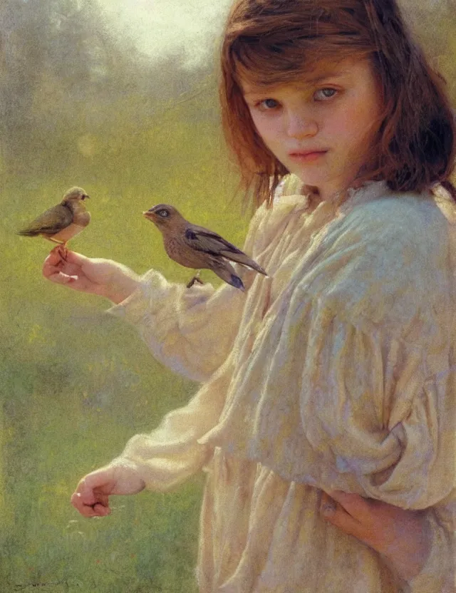 Image similar to portrait of little peasant girl setting free a bird, cottage core, cinematic focus, polaroid photo bleached vintage pastel colors high - key lighting, soft lights, foggy, by steve hanks, by lisa yuskavage, by serov valentin, by tarkovsky, 8 detailed, oil on canvas