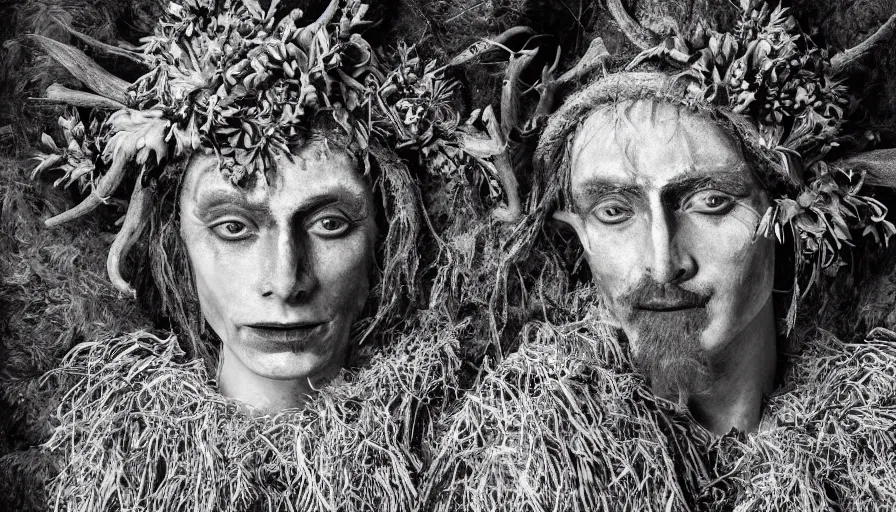 Image similar to portrait of a tyrolean folklore mask, dolomite, forest, wearing hay coat, with horns, eerie, flowers growing out of his body, detailed intricate insanely detailed octane render, 8k artistic 1920s photography, black and white, grainy, photorealistic, chiaroscuro, by David Cronenberg, Raphael, Caravaggio