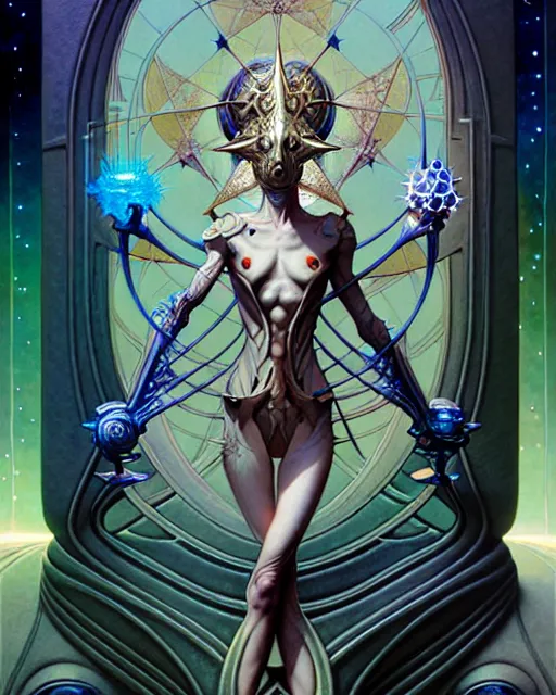 Prompt: the star tarot card, fantasy character portrait made of fractals, ultra realistic, wide angle, intricate details, the fifth element artifacts, highly detailed by peter mohrbacher, hajime sorayama, wayne barlowe, boris vallejo, aaron horkey, gaston bussiere, craig mullins