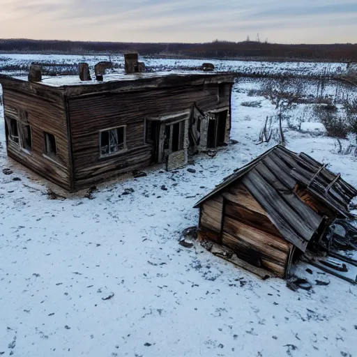 Image similar to a distorted post-apocalyptic landscape with a singular iron-made 10-foor house near the frozen lake hd 8k photo