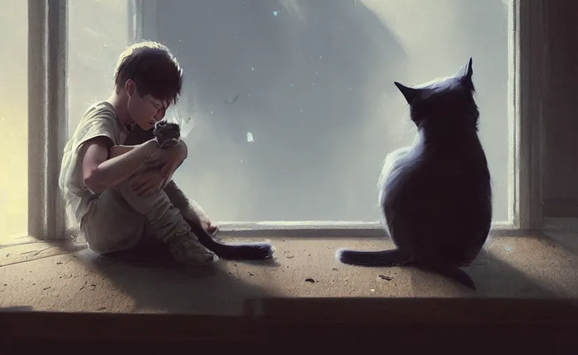 Image similar to painting of sad kid with a cat, hyper realistic t, natural light, concept art, by greg rutkowski, cozy atmospheric and cinematic lighting