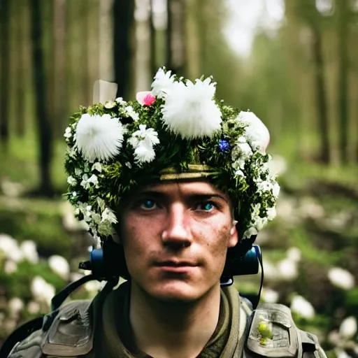 Prompt: close up kodak portra 4 0 0 photograph of a futuristic soldier in a flower crowd after the battle standing in dark forest, flower crown, moody lighting, telephoto, blurry background, faded