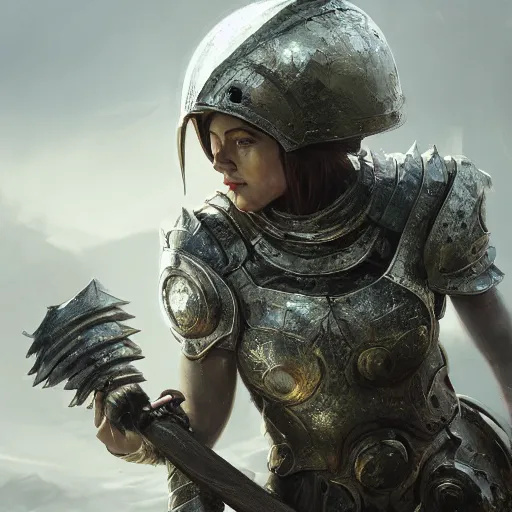 Image similar to an woman wearing metal scrap armor and an helmet holding an axe, Matte painting , detailed painting, made by Greg Rutkowski, 4k, atmospheric