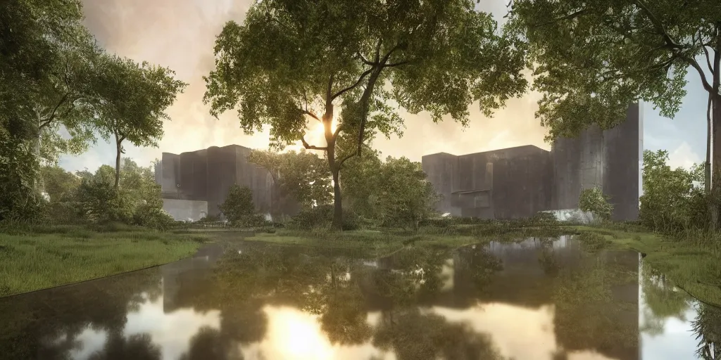 Prompt: an extremely detailed cathedral of brutalist architecture, surrounded by lush green forest, accurate reflections in surrounding ponds of water, stunning volumetric lighting, sunset, rusted steel, smooth concrete, stunning skies, trending on Artstation, 8k, photorealistic, hyper detailed, unreal engine 5, IMAX quality, cinematic, epic lighting, in the style of Greg Rutkowski