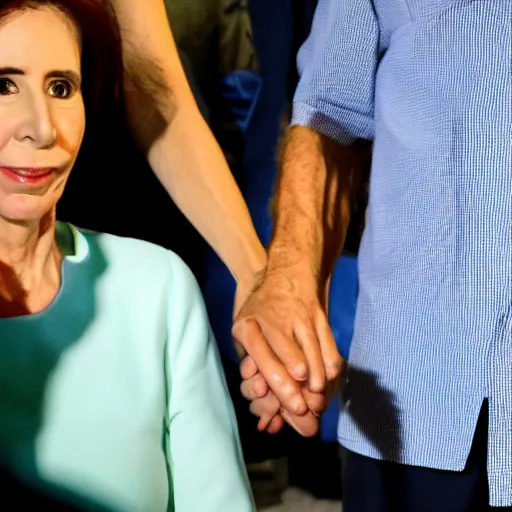 Prompt: Cristina Kirchner holding hands with Mauricio Macri, bokeh, 100mm