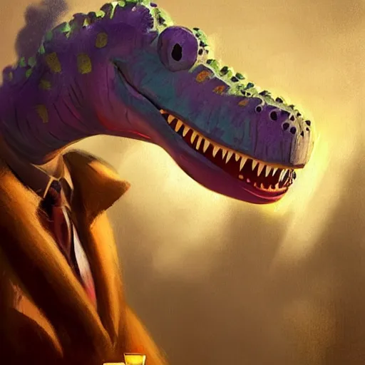 Prompt: barney the dinosaur from kids show drinking whisky and smoking a cigar, portrait art by and greg rutkowski, digital art, trending on artstation