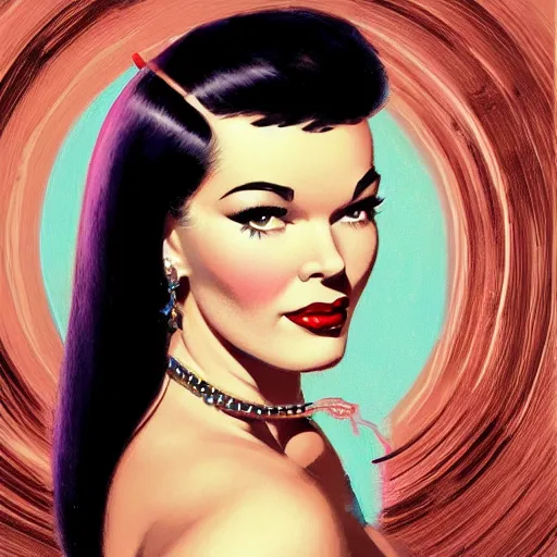 Image similar to portrait of bettie page, intricate, elegant, glowing lights, highly detailed, digital painting, artstation, glamor pose, concept art, smooth, sharp focus, illustration, art by frank frazetta, william mortensen, arny freytag