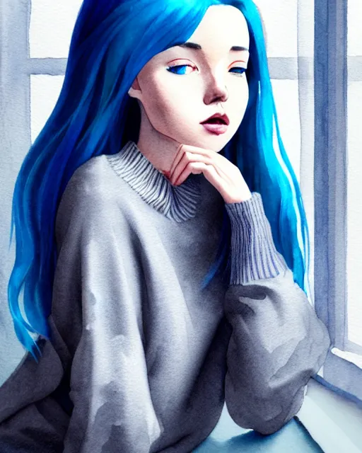 Image similar to watercolor painting of a pretty girl with Blue hair, wearing an oversized sweater, sitting by a windowsill, night, holding a mug of hot tea. In the style of ilya kuvshinov, dramatic lighting, fantasy, intricate, elegant, highly detailed, lifelike, photorealistic, digital painting, bokeh, HDR, high resolution, artstation, concept art, smooth, sharp focus, art by Krenz Cushart and Albert Aublet