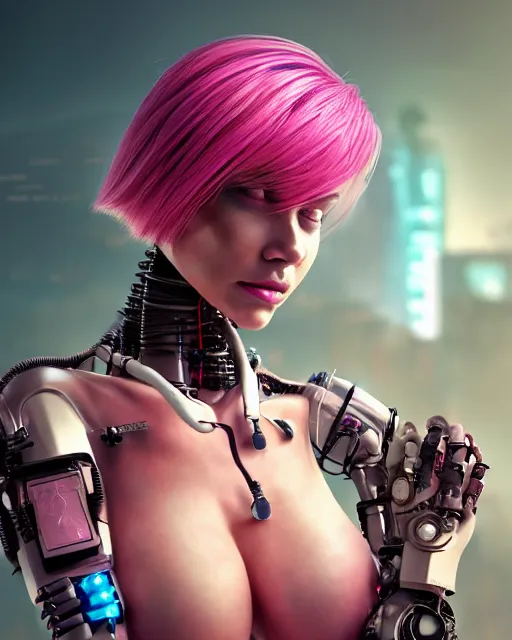 Image similar to portrait of a beautiful tan woman with pink hair as a cyberpunk cyborg half robot, revealing wires and electronics, hooked - up, sci - fi, missing panels, intricate abstract upper body intricate artwork, concept art, octane render, deviantart, cinematic, key art, hyperrealism, iridescent accents, portrait photograph, nikon 3 5 mm, photograph by greg rutkowski