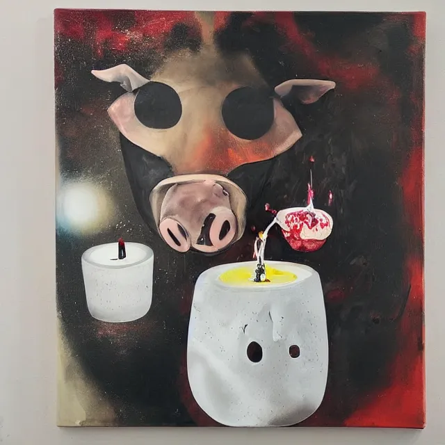 Image similar to “ a portrait in a female art student ’ s apartment, sensual, a pig theme, pork, half - finished sculpture, sculpture work in progress, a candle dripping white wax, clay, squashed berries, berry juice drips, acrylic and spray paint and oilstick on canvas, surrealism, neoexpressionism ”