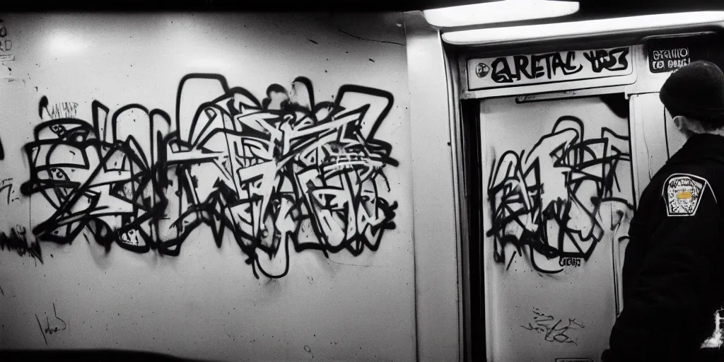 Prompt: new york subway cabin 1 9 8 0 s inside all in graffiti, man in carhartt jacket closeup, policeman closeup, film photography, exposed b & w photography, christopher morris photography, bruce davidson photography