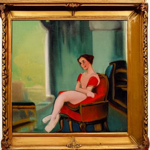 Image similar to a painting of a woman sitting on a chair in the style of margaret keene