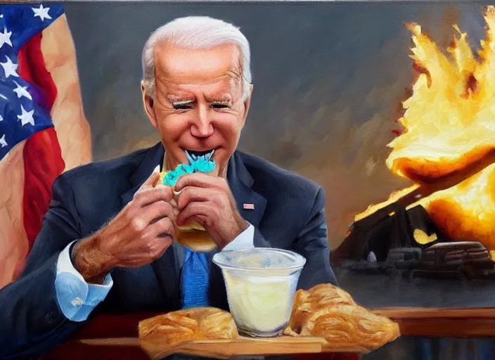 Image similar to oil painting of joe biden eating an ice cream with the whitehouse on fire behind him beautiful artwork by rutowski, realistic, 4 k, masterpiece