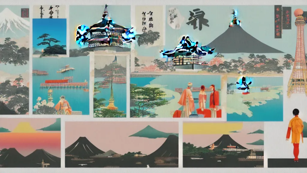 Prompt: a scene representing travel and tourism, japan, a collage painting, in the style of wes anderson, lola dupre, david hockney, isolated on negative white space background dark monochrome neon spraypaint accents volumetric octane render