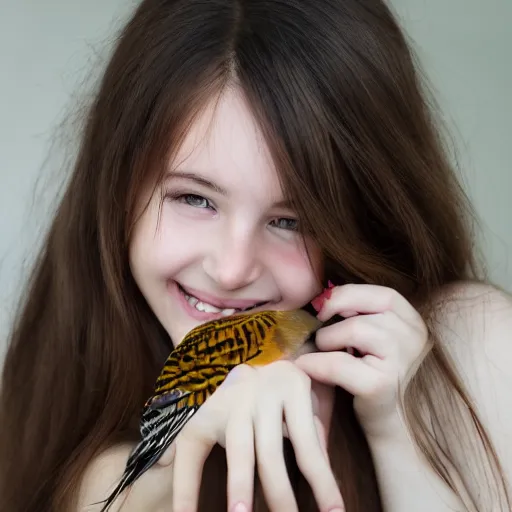 Prompt: girl named alex, brown hair, fair skin, long nails, with a bird on her arm, cute brown eyes, smiling, high quality, 8 k,