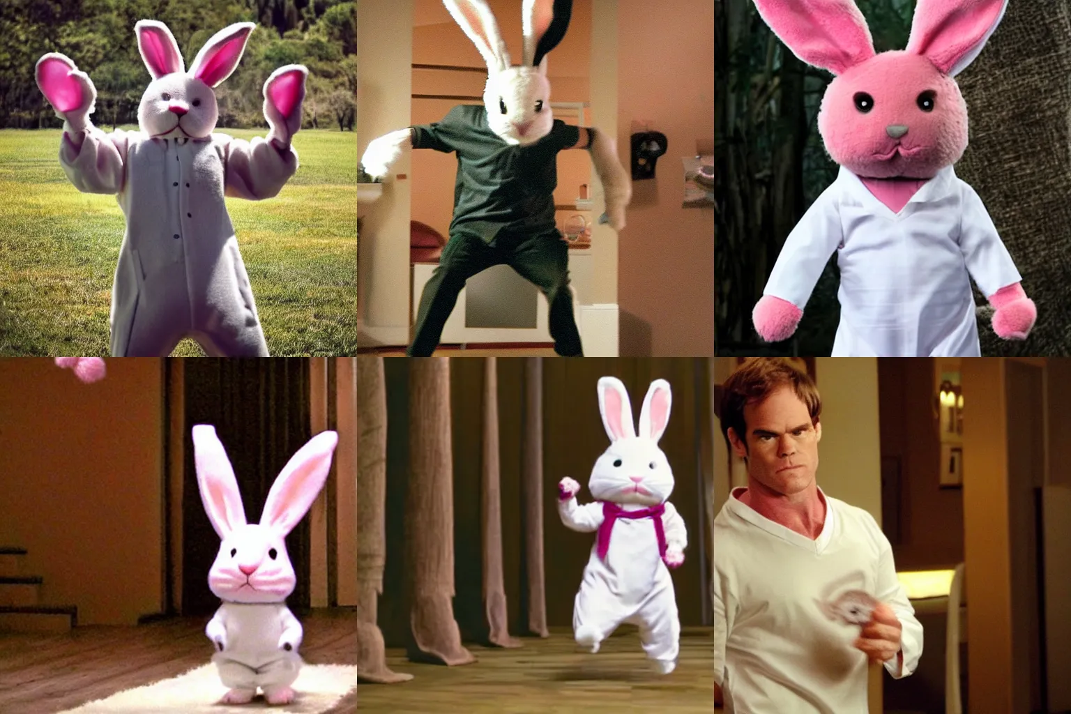 Prompt: dexter morgan dressed as a bunny rabbit, hopping around, photo quality