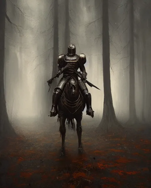 Image similar to Hyper realistic painting of a knight in full plate armor that has completely turned to rust, hyper detailed, surrounded by a dark forest, fog, moody, creepy, cinematic lighting, by greg rutkowski, trending on artstation