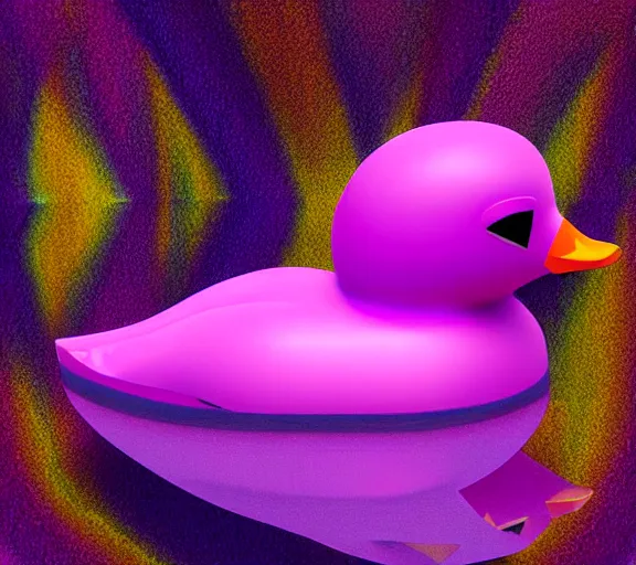 Image similar to shiny gemstone in the shape of a low - poly rubber duck floating in a pool of purple perfume, glistering magic particles, photorealism, mystical, enigmatic, digital oil painting, trending on artstation