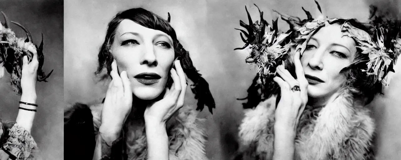 Image similar to 1920s portrait photography of cate blanchett transforming into a monster, edelweiss growing out of his face, goat horns on his head