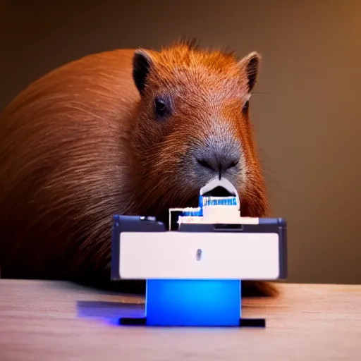 Prompt: cute capybara eating a nvidia gpu, cooling fans on the gpu, a happy capybara chewing on a video card, soft blue lights, bokeh, sharp focus, 3 5 mm, taken by sony a 7 r, 4 k, award winning