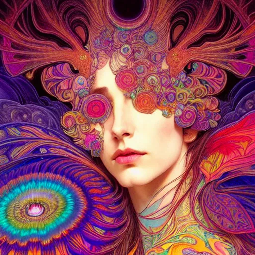 Image similar to An extremely psychedelic experience, reality bending, colorful, surreal, feathers, illuminated, magic mushrooms, psilocybin, LSD, face, detailed, intricate, elegant, highly detailed, digital painting, artstation, concept art, smooth, sharp focus, illustration, art by Krenz Cushart and Artem Demura and alphonse mucha