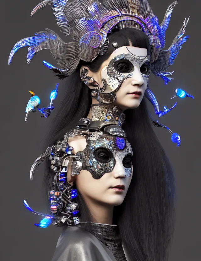 Image similar to 3 d goddess close - up profile portrait cyberpunk with ram skull. beautiful intricately detailed japanese crow kitsune mask and clasical japanese kimono. betta fish, jellyfish phoenix, bio luminescent, plasma, ice, water, wind, creature, artwork by tooth wu and wlop and beeple and greg rutkowski