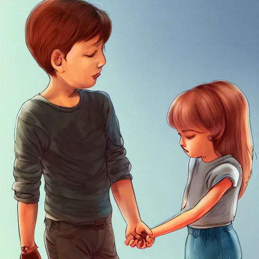 Image similar to A boy holding hands with a female robot, trending on art station science fiction