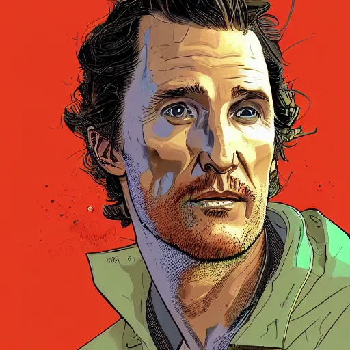 Image similar to a study of cell shaded portrait of matthew mcconaughey concept art, llustration, post grunge, concept art by josan gonzales and wlop, by james jean, Victo ngai, David Rubín, Mike Mignola, Laurie Greasley, highly detailed, sharp focus, alien, Trending on Artstation, HQ, deviantart, art by artgem