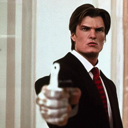 Image similar to Viktor Yushchenko as The American Psycho, cinematic still