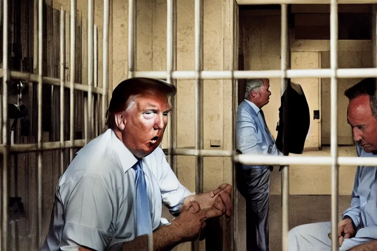 Image similar to Still of donald trump and alex jones in jail, photograph, natural light, sharp, detailed face, magazine, press, photo, Steve McCurry, David Lazar, Canon, Nikon, focus