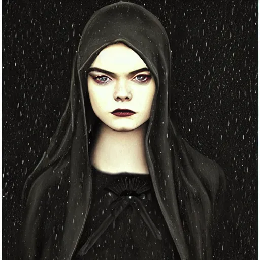 Prompt: a striking esoteric painting of Elle Fanning in the rain, dark, metal, black background, occult, by Grant Wood