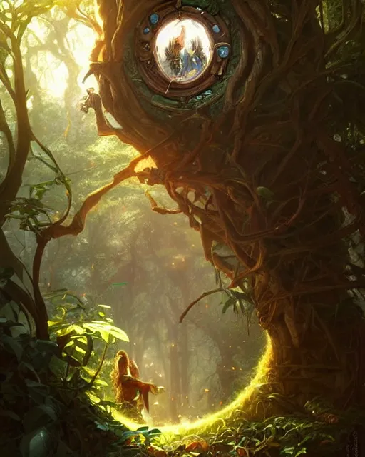 Prompt: A time portal inside a tree, deep focus, D&D, fantasy, intricate, elegant, highly detailed, digital painting, artstation, concept art, matte, sharp focus, illustration, hearthstone, art by Artgerm and Greg Rutkowski and Alphonse Mucha