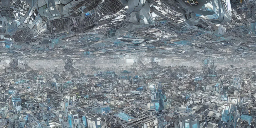Image similar to organic generative design megastructures housing millions of robots in the style of ready player one
