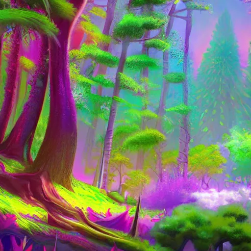 Prompt: a vibrant, saturated fantasy forest, trending on artstation