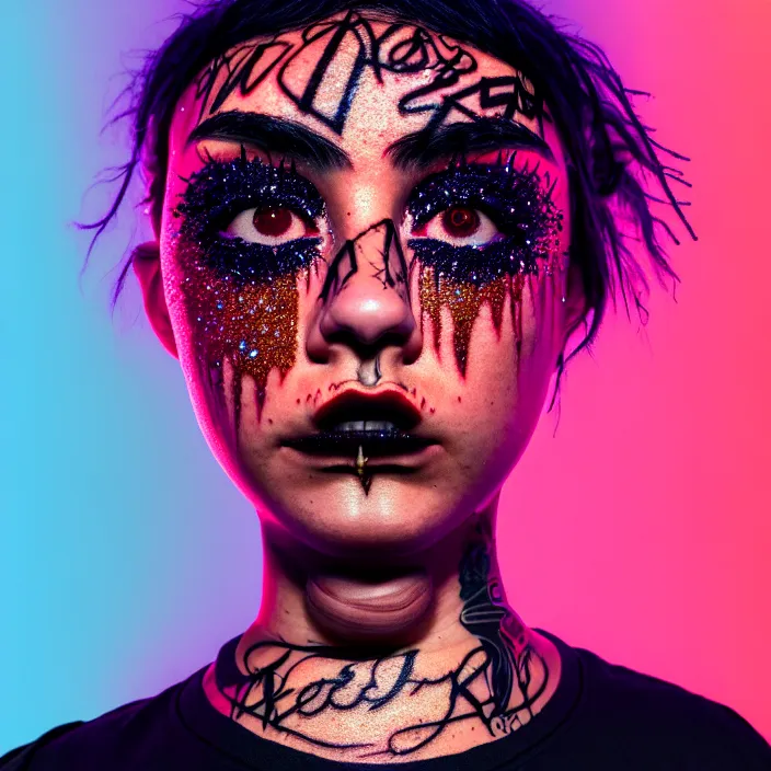 Image similar to a streetwear Studio Trigger style mixed woman wearing thick mascara, crying, a city on fire in the background, police lights shine on her face, tattoos, dark glitter, Cinestill 50d, 4k, 8k, hd, full color, octane render, trending on artstation, highly detailed