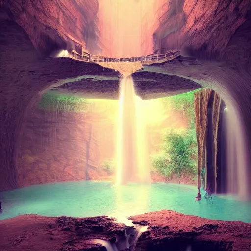 Image similar to a waterfall in the interior of a ancient arabian structure, epic retrowave art, trending on art station