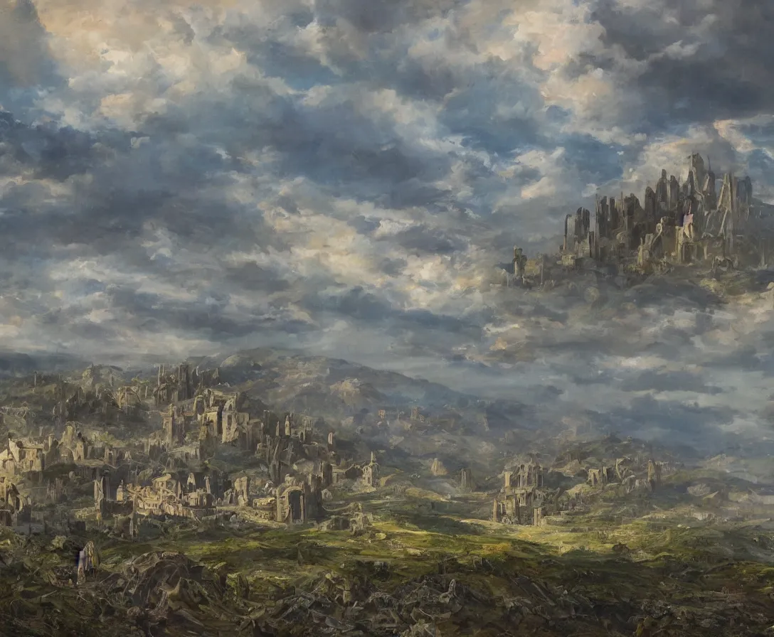 Prompt: A vast empty flat valley surrounded by Transylvanian mountains. A huge metal zeppelin in the sky among colorful clouds. The ruins of a medieval castle on the hillside in the background. No villages or buildings. Late warm evening light in the summer, gloomy weather. High quality, fantasy art by H.R. Giger.