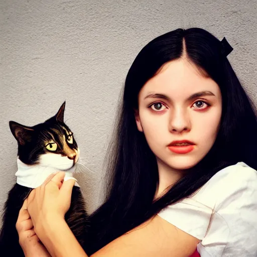 Image similar to a girl with long dark hair and a side part holding a cat in her arms, a stock photo by juan villafuerte, pexels contest winner, high quality photo, rtx, hd, shiny eyes, rasquache, a renaissance painting by sailor moon, anime, anime aesthetic