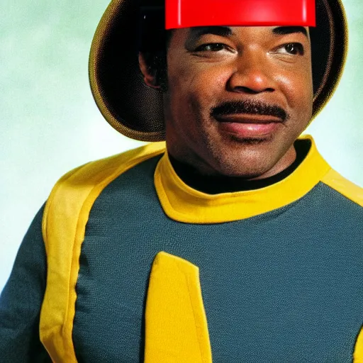 Image similar to Geordi LaForge wearing visor and a colander and random kitchen tools on his head