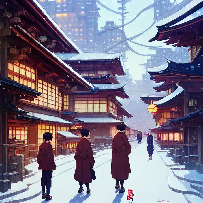 Image similar to japanese big city, winter, in the style of studio ghibli, j. c. leyendecker, greg rutkowski, artem