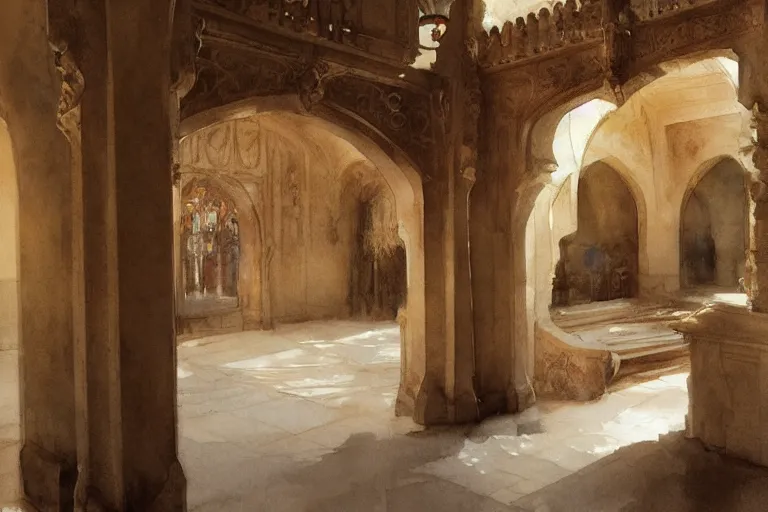 Image similar to abstract watercolor painting of spanish arabian lord house interior, in stone, magical and traditional, cinematic light, national romanticism by anders zorn, by greg rutkowski, by greg manchess