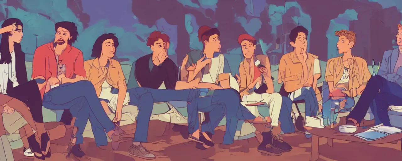 Image similar to a group of gen z friends sitting around talking about climate change while drinking old fashions, vaporwave cartoon