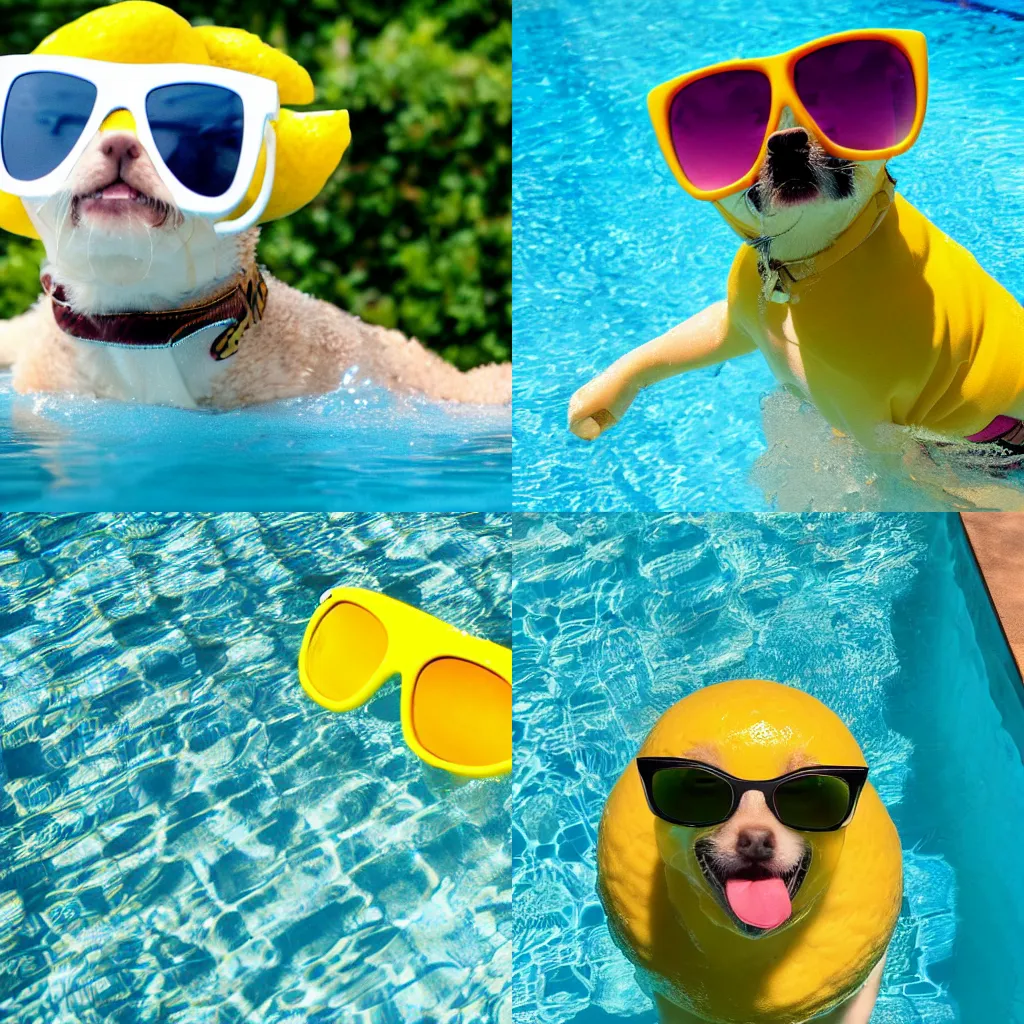 Prompt: lemon wearing sunglasses playing in the pool