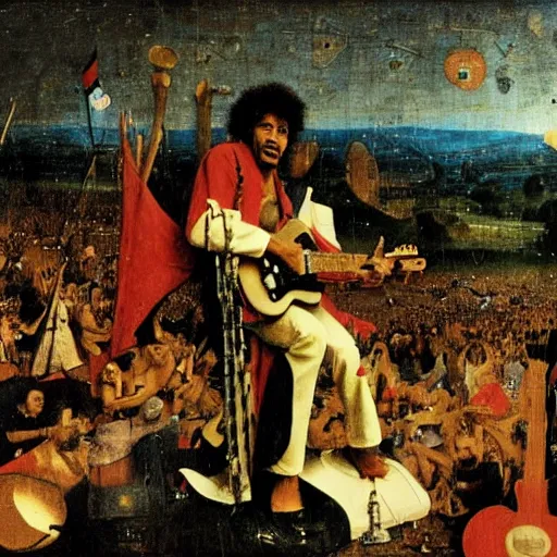 Prompt: jimy hendrix at woodstock by hieronymus bosch